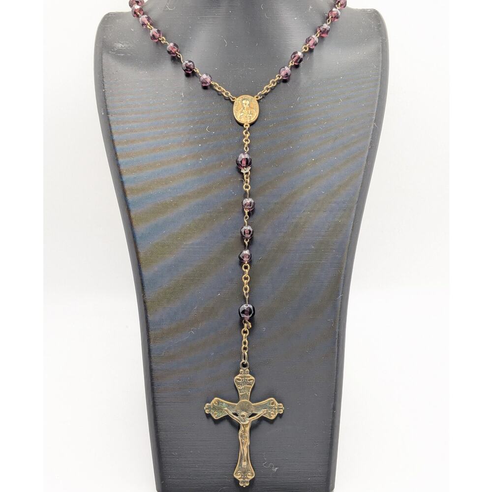 Purple Glass Rosary Gold Tone Crucifix St. Gabriel St. Paul Religious READ VTG